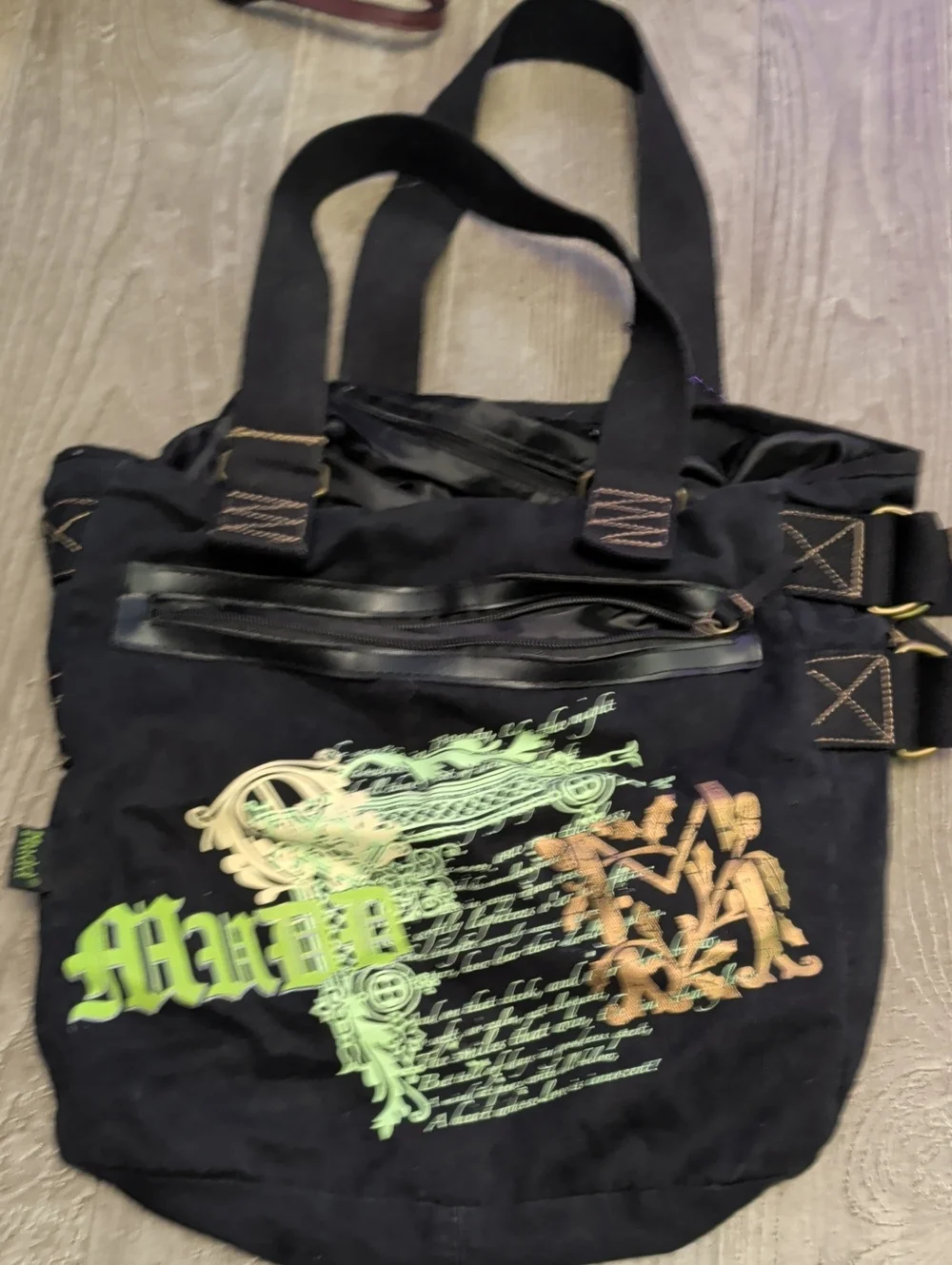 Black Graphic Tote Bag with Green & Gold Print - Men Bags